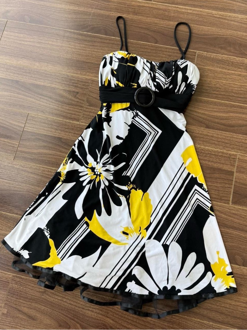 City Studio Black, White & Yellow Strapless Floral Belted Dress